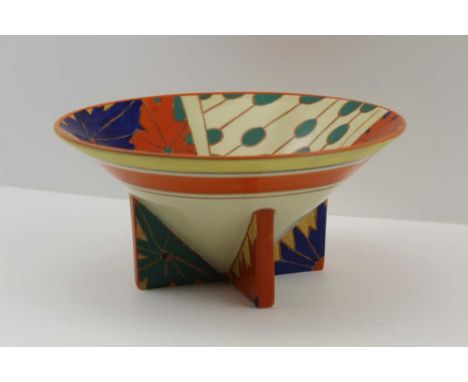 AFTER CLARICE CLIFF A CONICAL CERAMIC BOWL, hand painted decoration, raised on cruciform stand, limited edition No. 69 of 250