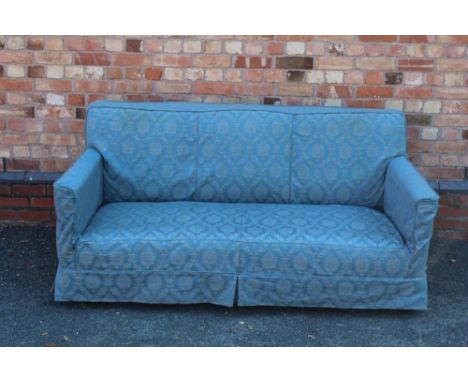 A DEEP SEATED COUNTRY HOUSE THREE-SEATER SOFA, in patterned blue fabric, 188cm wide 