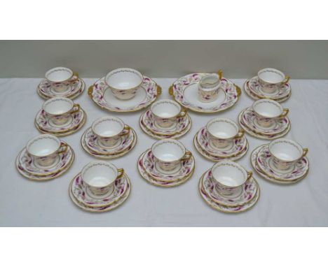 A ROYAL CROWN DERBY TEA SET, purple and gold acanthus leaf decoration, comprising; twelve cups, twelve saucers, twelve tea pl