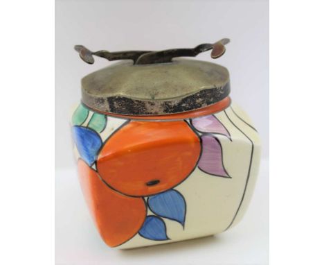A CLARICE CLIFF CERAMIC SUGAR CUBE POT, hand painted oranges decoration, fitted metal pincer action cover, printed factory ma