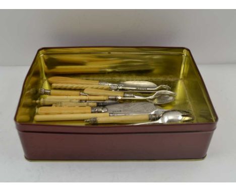 AN EDWARDIAN SILVER BREAD FORK, Sheffield 1901, together with various pickle forks, jam spoon, butter knife etc. 