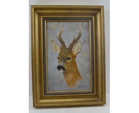 ELIZABETH M. HALSTEAD 'Portrait of a Deer', Oil painting on board, signed 26cm x 16cm, gilt framed 
