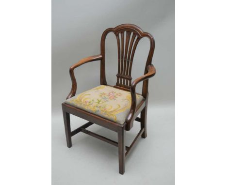 A 19TH CENTURY OPEN ARMCHAIR, pierced splat back, with tapestry drop-in seat 