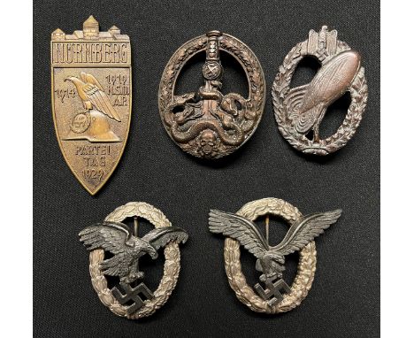 Reproduction Third Reich badges to include: Nurnberg Partei Tag 1929 Non portable table medal, marked "F Hoffstatter, Bonn, 8