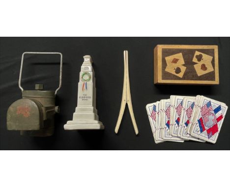 WW1 British Podmore Ware Crested China model of the London Cenotaph, 165mm in height: Wooden Trench Art Box for Playing Card 