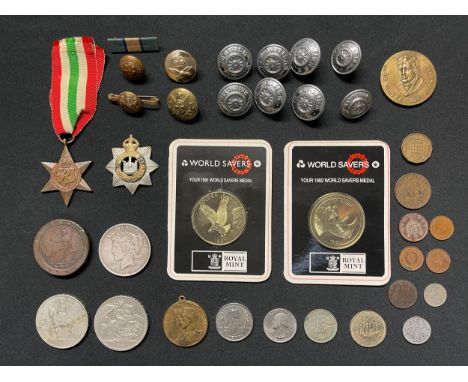 WW2 British Italy Star complete with ribbon: Sweetheart brooch made from GS Button: Devons Regt cap badge, no slider: Yorkshi