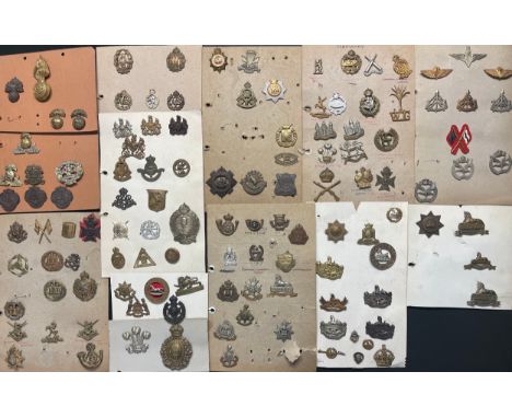 A collection of approx. 100 British &amp; Commonwealth Cap badges plus some collar dogs and WW1 War Service badges to include