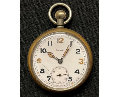 WW2 British General Service Trade Pattern Grana pocket watch, white enamel dial with Arabic numerals. Seconds dial. Reverse m