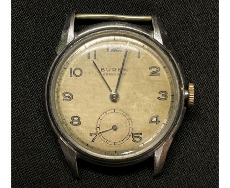WW2 Third Reich Heer issue wristwatch by Buren Grand Prix. Enamel dial with Arabic numerals and separate seconds dial. No str