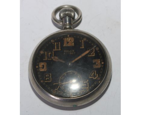 WW2 British Rolex pocket watch. Black dial with Arabic numerals, separate seconds dial. Marked Rolex A11507 to dial and back 