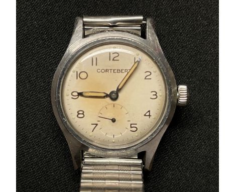WW2 British Army issue ATP Army Trade Pattern Wristwatch by Cortebert. White Dial with Arabic Numerals and separate seconds D