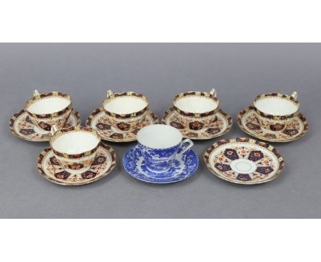 A late Victorian floral decorated china eleven-piece part tea service; &amp; a blue &amp; white transfer-printed teacup &amp;