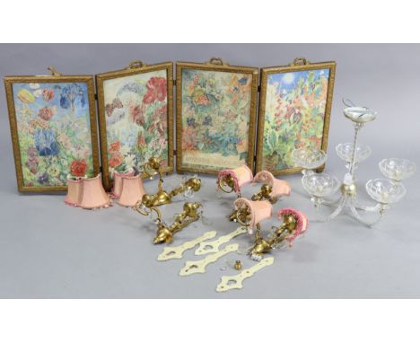 A cut-glass five-branch chandelier, 20¼” wide x 17” high; together with four wall lights; a curtain pole; three pictures; &am
