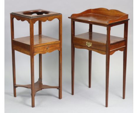 A 19th century mahogany square two-tier jug &amp; basin stand, fitted drawer to the lower tier, &amp; on square legs, 13” wid