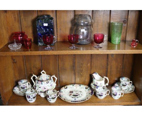 A late Victorian floral decorated thirteen piece part tea service; together with various items of coloured &amp; plain glassw