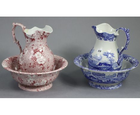 A Spode’s blue &amp; white “Italian” toilet jug &amp; basin; &amp; a Spode’s pink &amp; white floral decorated toilet jug &am