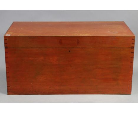 A mahogany storage trunk with hinged lift-lid, &amp; with brass side handles, 36” wide x 17¼” high x 18” deep.