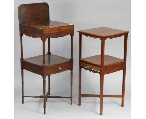 A 19th century mahogany square two-tier jug &amp; basin stand with hinged top &amp; fitted long drawer below, &amp; on turned