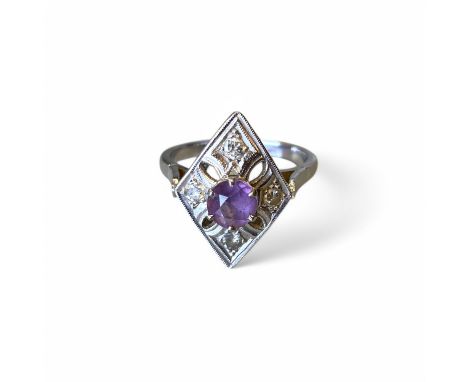 Art Deco Style 18ct White Gold Diamond And Amethyst Set Ring  Marked "18ct"   Also tests as 18ct gold  Size: S Approximately 