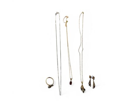 Collection Of Gold And Costume Jewellery To Include A 9ct Yellow Gold Sapphire Pendant & Earring Suite, A 9ct White Gold Chai