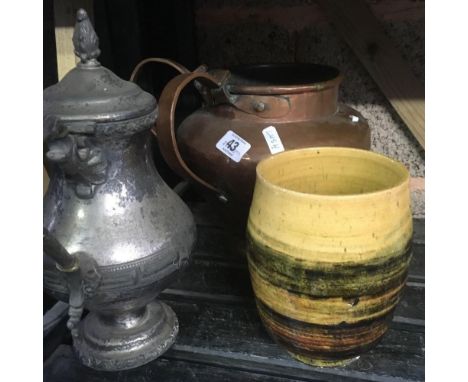 SPELTER WATER JUG A/F, BROWN CERAMIC VASE &amp; 2 HANDLED COPPER POT