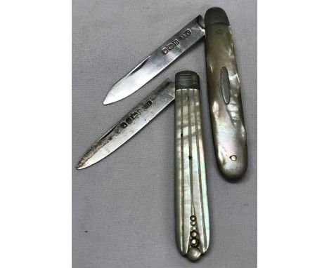 2 SILVER BLADED FRUIT KNIVES WITH M.O.P SCALES. 1867 &amp; 1905 ONE BLADE WITH SLIGHT TWIST