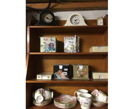 SHELF OF 3 CLOCKS, 2 SHELVES OF BOXED MEMO SHEETS &amp; A SHELF OF ROYAL ALBERT TEA WARE