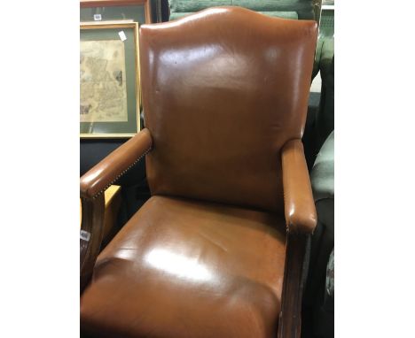 BROWN LEATHER LOOK UPHOLSTERED &amp; STUDDED ARMCHAIR