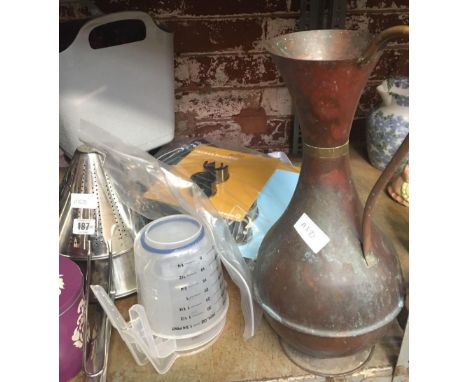 SHELF OF SAUCEPANS, SIEVES, MEASURING JUGS ETC