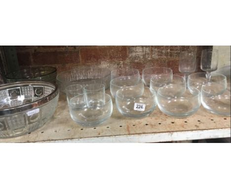 SHELF OF GLASS DESSERT BOWLS &amp; OTHER GLASSWARE