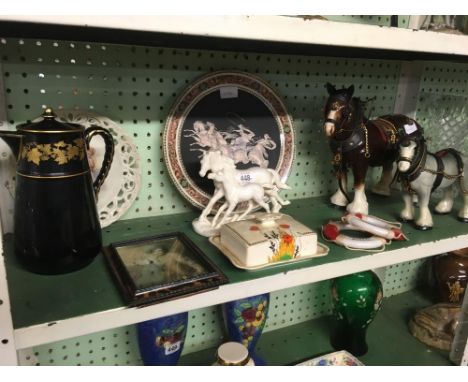 2 MELBA CART HORSES GREY &amp; BROWN. SOUVENIR PLATE FROM GREECE, GILT FINISH BLACK TEA POT, WHITE RUNNING HORSES, CROWN DUCA