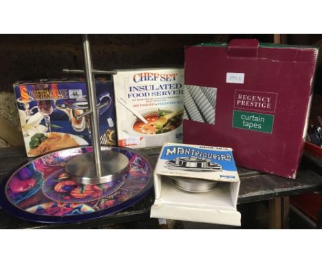 BOX OF CURTAIN TAPES, THERMAL GLASS POT, INSULATED FOOD SERVER, BUTTER DISH, TRAY &amp; MUG HOLDER