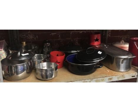 SHELF OF SAUCEPANS, NIGHT LIGHTS &amp; FISH KETTLE