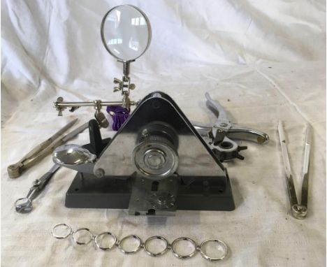 CARTON OF PLATED WARE INCL; CALIPERS, SCISSORS, A SERPENT LABELLING MACHINE &amp; PLASTIC FINGER RING GAUGES