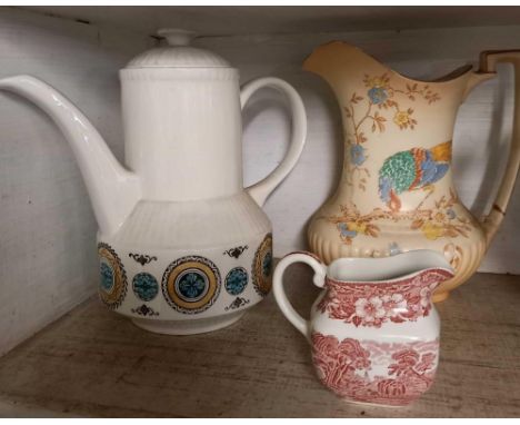 SHELF OF VINTAGE COFFEE POTS &amp; VASES