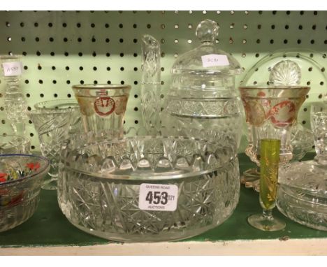 SHELF OF CUT GLASS VASES, DECANTERS &amp; OTHER GLASSWARE