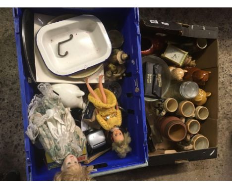 2 CARTONS OF VARIOUS KITCHENALIA, BEER STEINS, ENAMEL DISHES ETC