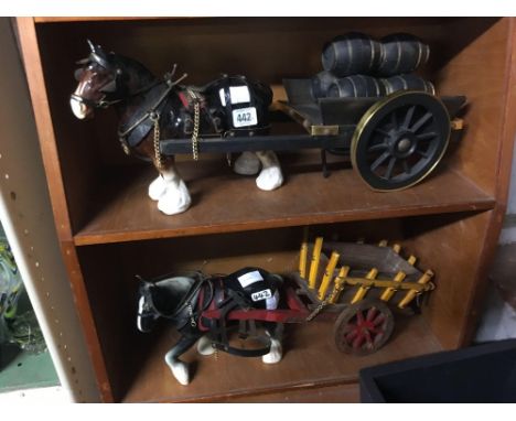 CERAMIC SHIRE HORSE &amp; WOODEN CART WITH BEER BARRELS &amp; ANOTHER WITH EMPTY CART