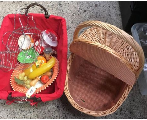 COVERED WICKER BASKET WITH HANDLE &amp; 1 CONTAINING STAINLESS STEEL EGG HOLDER &amp; KITCHEN BRIC-A-BRAC