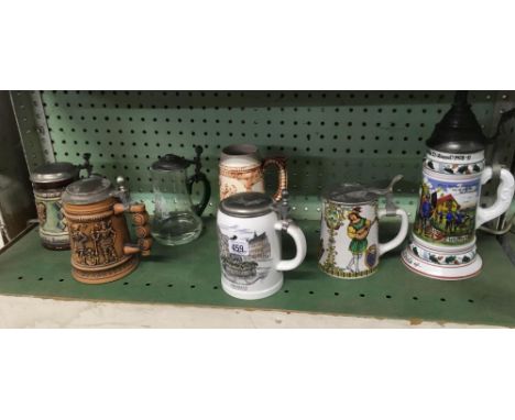 SHELF OF 6 POTTERY STEINS &amp; 1 GLASS STEIN