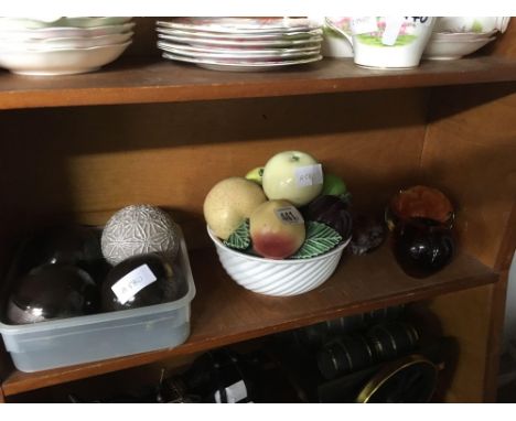 SHELF OF DECORATIVE CERAMIC BALLS, PAPER WEIGHTS &amp; CERAMIC FRUIT