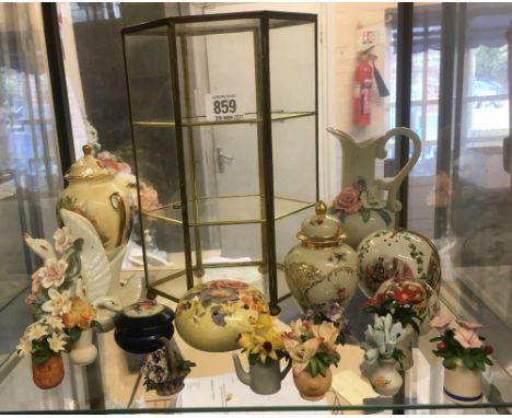 SHELF OF SMALL CHINA DECORATIONS INCL; DISPLAY CASE &amp; AN AYNSLEY LIDDED VASE