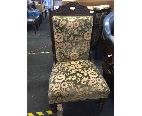 EDWARDIAN MAHOGANY UPHOLSTERED FIRESIDE CHAIR IN GREEN &amp; GOLD