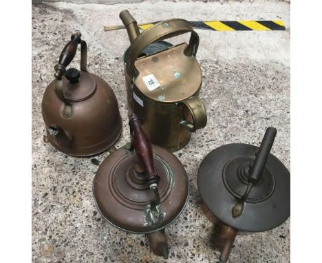 3 VINTAGE COPPER KETTLES &amp; BRASS WATERING CAN