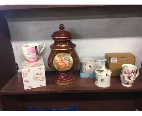 SHELF OF CERAMIC MUGS, LARGE LIDDED JAR ETC