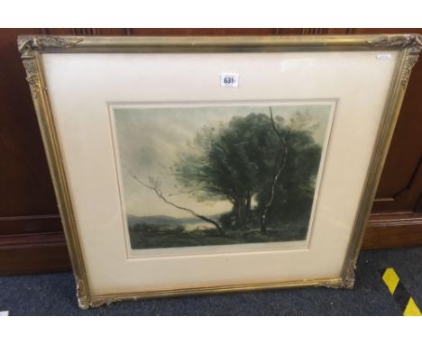 PENCIL SIGNED MEZZOTINT ''THE BENT TREE'' AFTER COROT, IN DECORATIVE ANTIQUE GILT FRAME, SIGNED IN PENCIL AND LABEL TO REVERS