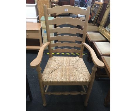 WICKER LADDER BACK CARVER CHAIR WITH MAHOGANY UPHOLSTERED STRIPPED CARVER CHAIR