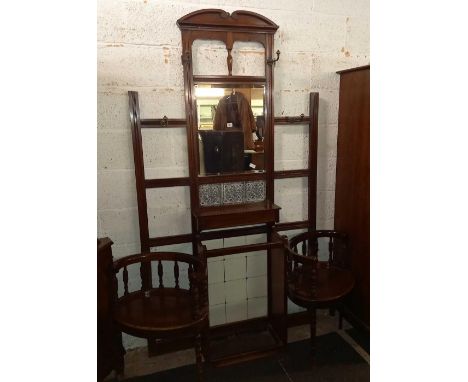 MAHOGANY TILE &amp; BEVELLED EDGE MIRROR BACK SEATED HALL STAND A/F