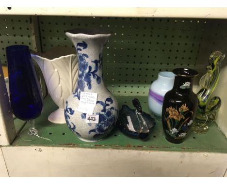 SHELF OF CERAMIC &amp; GLASS VASES ETC