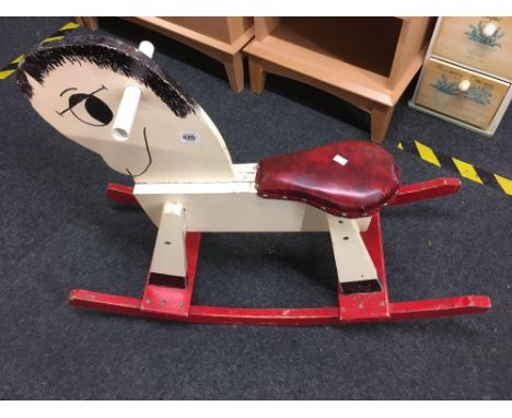 RED &amp; CREAM WOODEN ROCKING HORSE WITH UPHOLSTERED SEAT